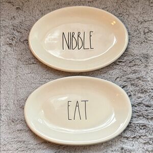 Rae Dunn Cream Oval Plate Duo - Nibble & Eat 8x5.5” each